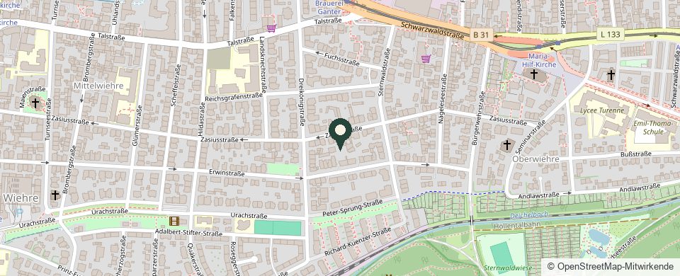 Kartenausschnitt: die Zasiusstraße 82 liegt im Freiburger Stadtteil Oberwiehre, östlich der Innenstadt.